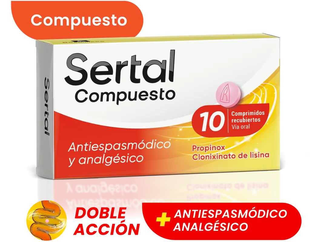 Sertal Compuesto, 10 comprimidos recubiertos de propinox y clonixinato de lisina: doble acción, antiespasmódico y analgésico